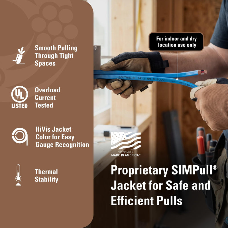 Southwire Romex SIMpull™ Electrical Wire, 14 Gauge, 3 Conductor, 25 Ft, NM-B Cable, Blue, 63946921