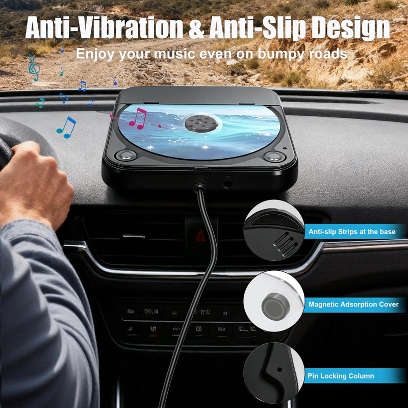 Portable CD Player for Car, External Car CD Player (Black) | USB Plug and Play, AUX Port, USB Extension Cable, Personal CD Players for Laptop/Computer/TV Black