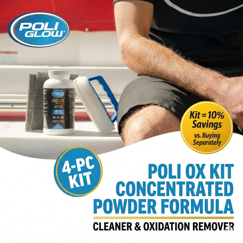 Poli Ox® Oxidation Removal Kit for Boats, RVs, or Fiberglass Surfaces–Removes Heavy Oxidation, Stains & Grime–Safe on Fiberglass, Gelcoat, Vinyl Decals: Includes 16 oz Cleaner, Scrub Pad & Sanding Pad Powder Ox