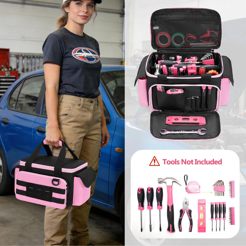 Rexmica Pink Tool Bag for Women, Tool Storage Organizer with Anti-friction and Thick Padded Bottom, Tactical Range Bag, Multi-functional Work Bag for Repairman, Electrician, Carpenters, Pink