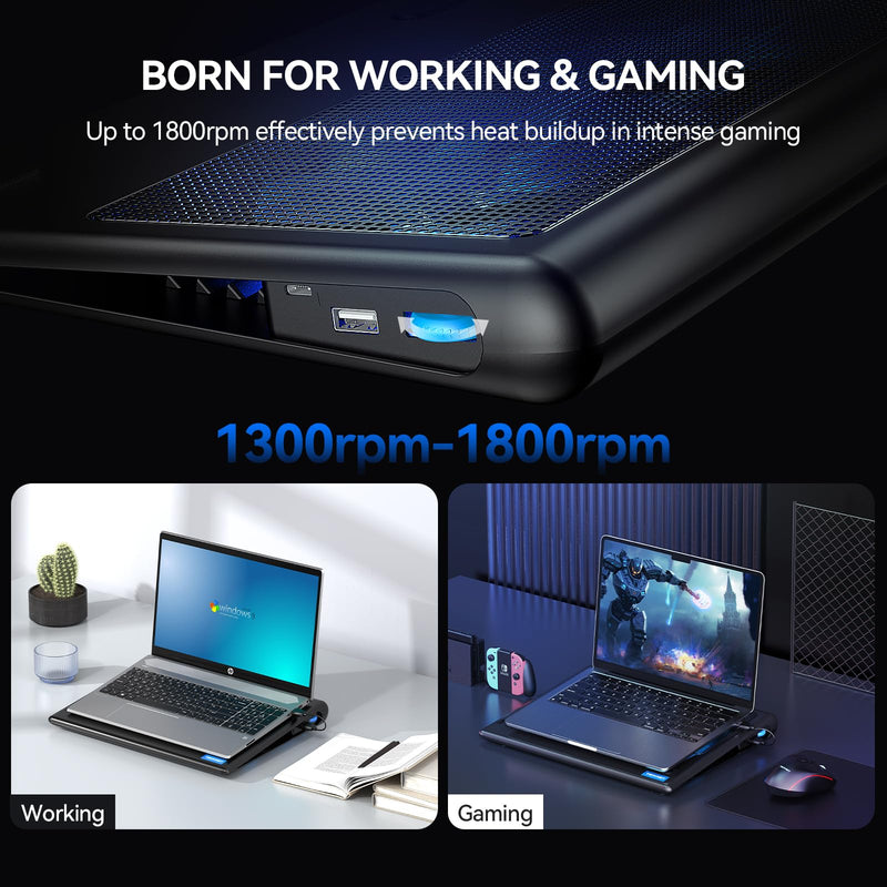 TECKNET Laptop Cooling Pad, 12"-15.6" Laptop Cooler, Gaming Laptop Cooling Stand, Wind Speed Adjustable, 2 USB Powered Laptop Fan Cooling Pad for Laptop Within 16 Inch (Blue) Blue
