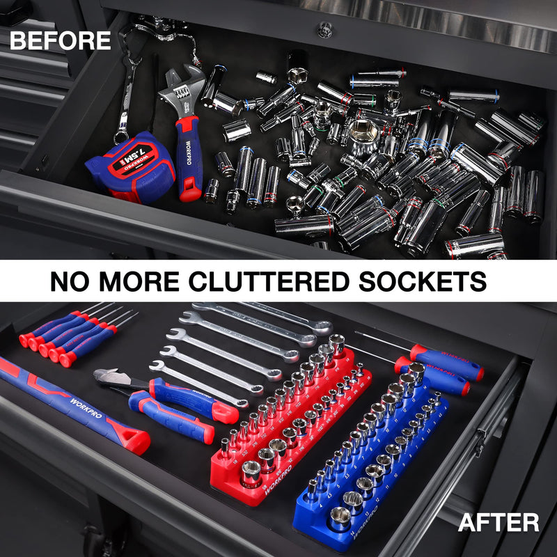 WORKPRO 1/4-inch Magnetic Socket Organizer Set, 2-Piece SAE & Metric Socket Holders, Holds 52 Standard and Deep Sockets for Tool Box, Tool Carts (Sockets Not Included) 1/4" SAE&Metric