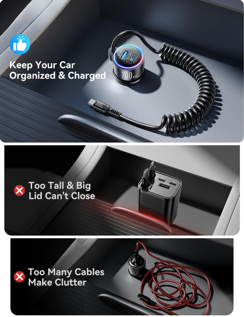 FLYLEAD 200W Car Charger USB C Fast Charge, [GaN] PD100W Fast Car Charger | Cigarette Lighter Phone Charger Adapter for iPhone 17/16/15 Pro Max, MacBook Pro Air Laptop, Samsung S26/S25, Pixel, iPad Pro Black