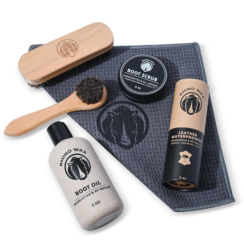 Leather Boot Care Kit - Made in USA (Not China) - Boot Oil, Waterproofer, Cleaning Scrub for Boots (Like Saddle Soap), Brushes and Cloth - Do NOT use Mink Oil (Love Animals) - All Natural Ingredients