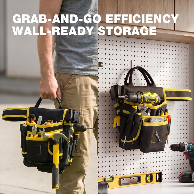 Tool Belt for Men - Tool Pouch for Waist Up to 52” with 18 Pockets 19 Webbing Loops Dual-Side Buckle With Magnet Holster Heavy Duty Tool Bag Organizer for Electrician Carpenter Gift for Men Boyfriend Yellow