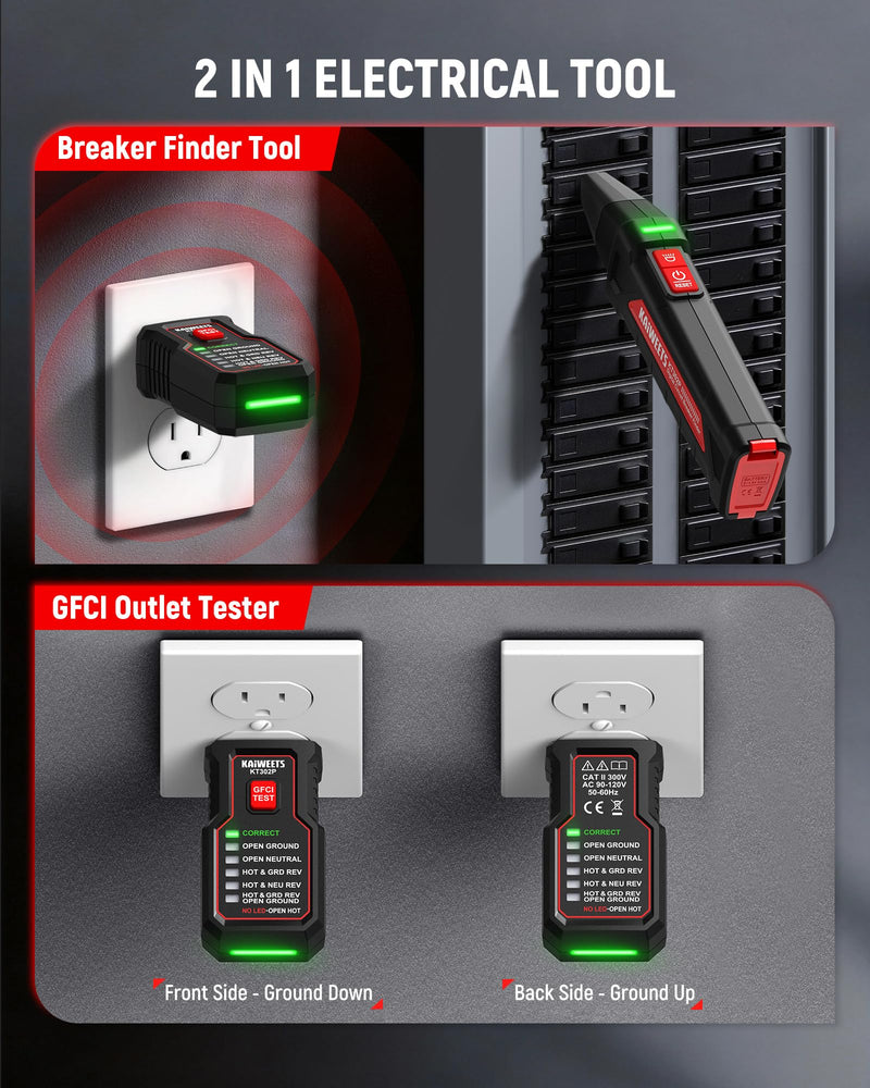 KAIWEETS Circuit Breaker Finder Tool Kit, GFCI Outlet Tester with Dual-Sided LED Indicators, Electrical Circuit Tracer Tool with Flashlight, Includes Carrying Case and Adapters- KT302P
