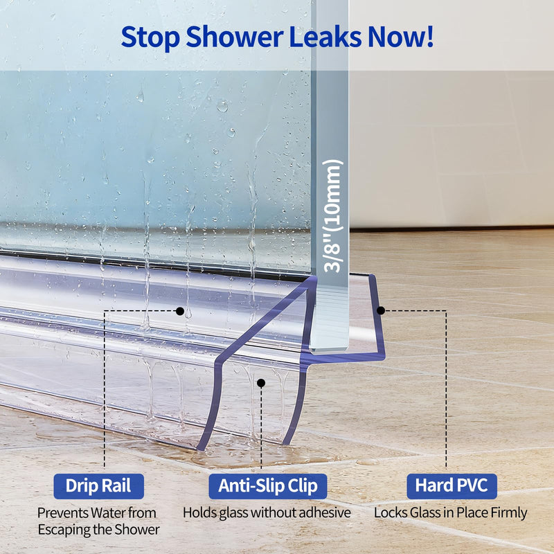 Delamu 3Pack 3/8"(10mm) x 36" Shower Door Bottom Seal, Clear Shower Door Sweep Strip, Frameless Glass Shower Door Seal Strip for 3/8'' Thick Doors 36in Long For 3/8in (10mm)