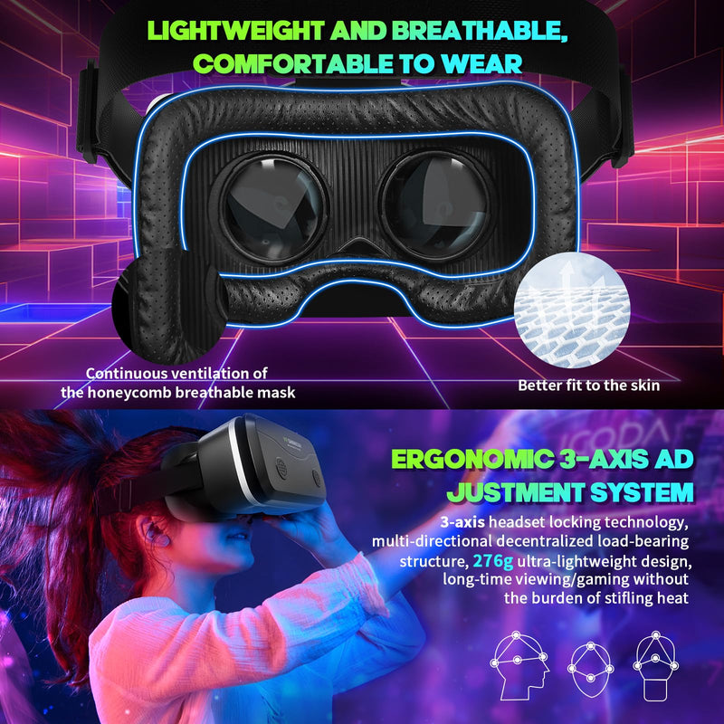3D VR Headset for 4.7-7" Smartphones, Bluetooth Gamepad Included, Aspheric HD Lenses with Adjustable Myopia & IPD, Anti-Fog Ventilation for Long Gaming Sessions