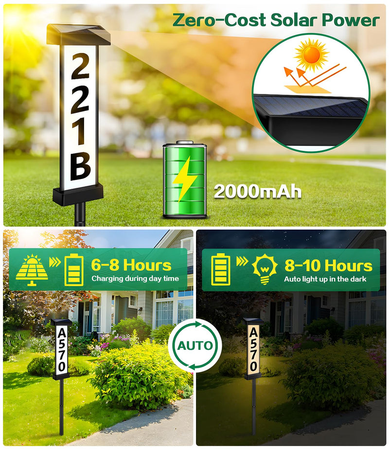 DBF Solar Address Sign, Dual-Sided House Numbers for Outside Waterproof, 3 Colors LED Illuminated Solar Powered Address Plaque with Stakes, Outdoor House Number for Yard Street Home Garden, Vertical Ground&Wall