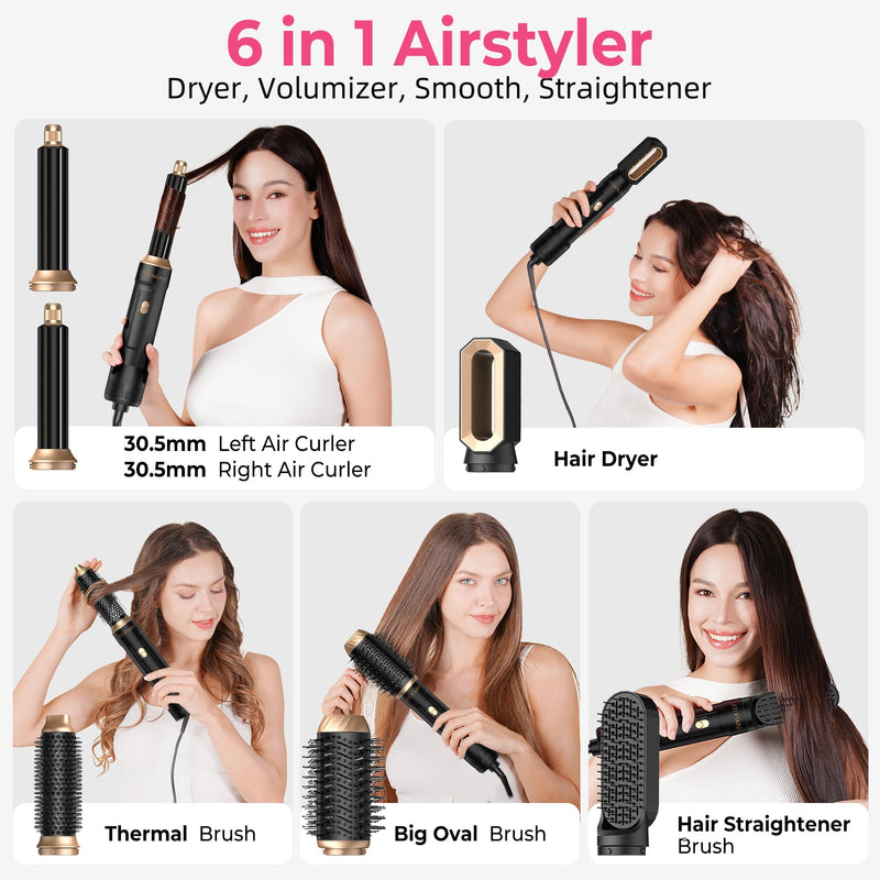 Airbrush 6 in 1 Hair Styler 6 in 1 Magic Styler 1000w Hair Dryer Brush | Magic Styler 60000rpm Hair Dryer Brush, L&R Airflow Hair Curler,Curl Straighten Wavy Smooth Multistyler Gifts 3 Temps Setting Creamblack