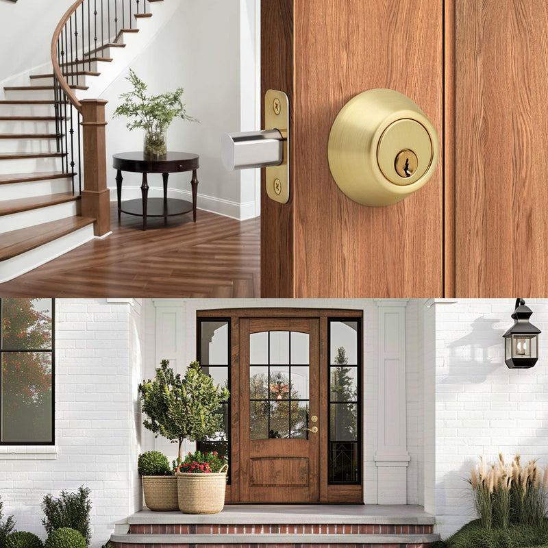 Moquin Gold Deadbolt Lock for Exterior Door, Single Cylinder Deadbolt with Key, One-Sided Deadbolt Lock, Satin Brass