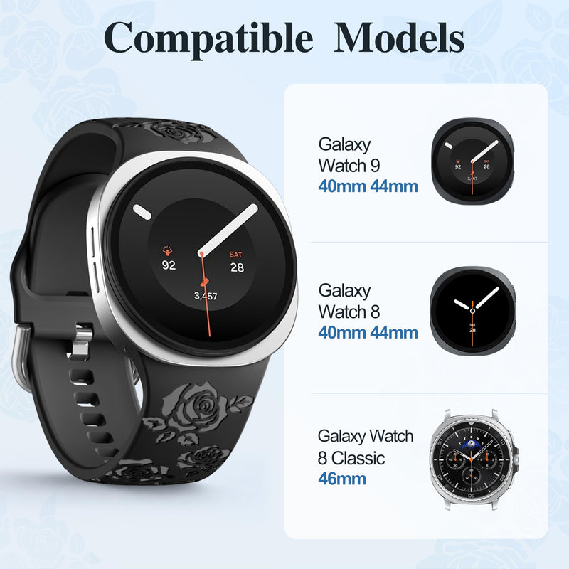 Floral Bands for Samsung Galaxy Watch 9 8 40mm 44mm Watch 8 Classic 46mm | Glossy Floral Engraved, Soft Waterproof Silicone, Sport Strap for Galaxy Watch 9 Band Women Men, Ideal for Workout Office Black
