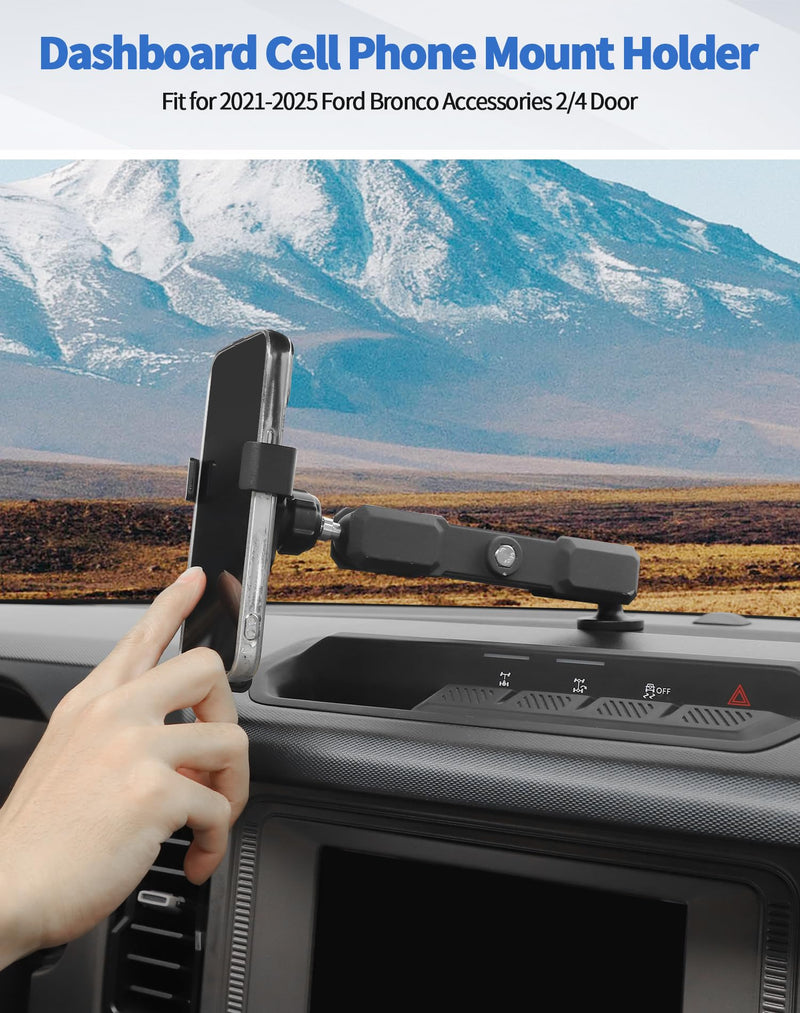 Dashboard Phone Mount Holder for 2021-2025 Ford Bronco Accessories 2/4 Door, 360° Adjustable Operation Rotates Vertical and Horizontal Aluminum Car Phone Holder Black Y