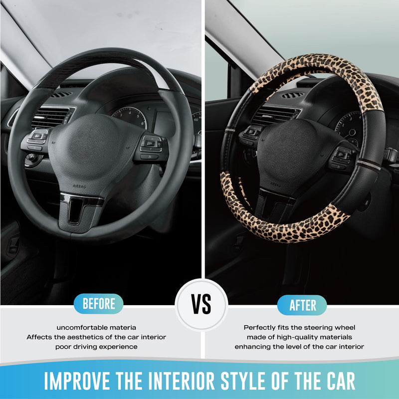 Road Comforts Leopard Steering Wheel Cover - Made with PVC Leather Cheetah Print - Anti-Slip, Universal Fit 14 1/2 inches to 15 inches - Black