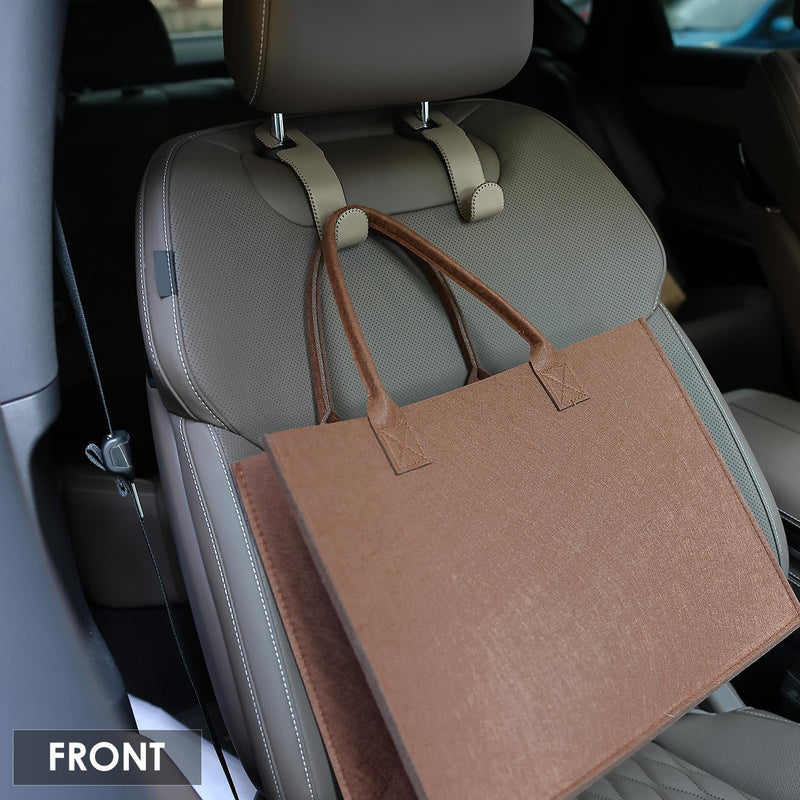 Leather Car Hooks for Headrest - Fully Leather-Wrapped U-Shaped Purse Holder for Car, Flexible Seat Back Organizer & Durable Car Accessories for Purses, Bags, Coats & More (Beige, 2 Pack) Beige