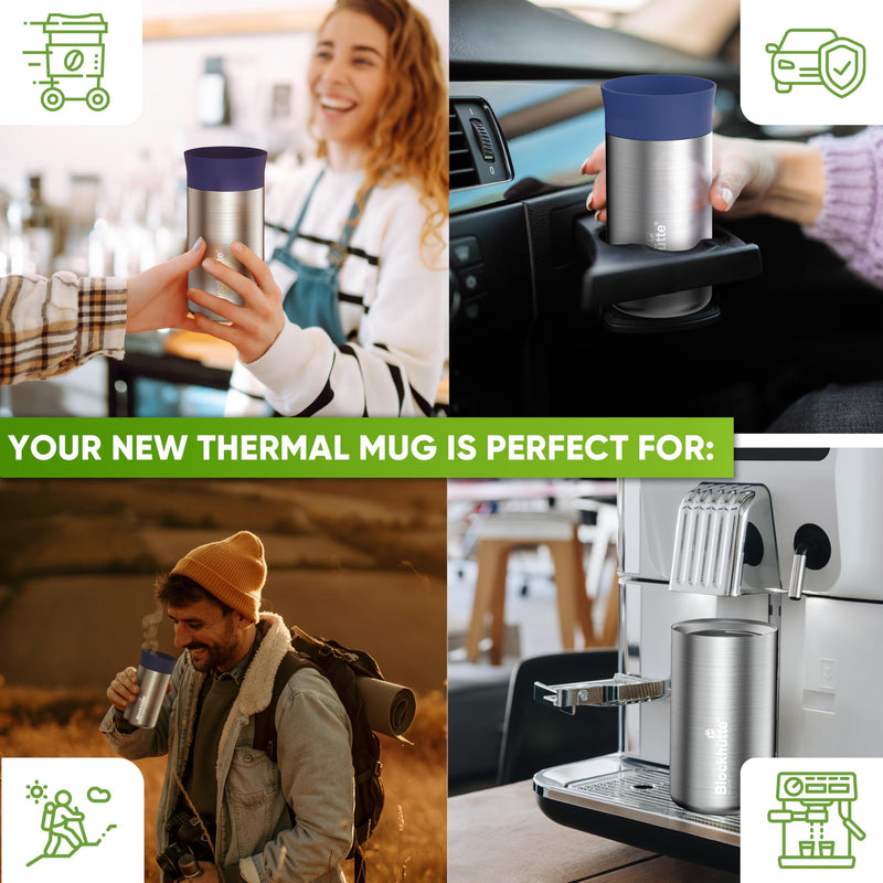Blockhütte Insulated Coffee Tumblers Stainless Steel, Travel Mug 12oz, Insulated Coffee Cup 8h Hot, Tea Thermos Spill Proof 360 drinking Lid, Leak Proof Thermal Travel Tumbler 12 Ounces Black