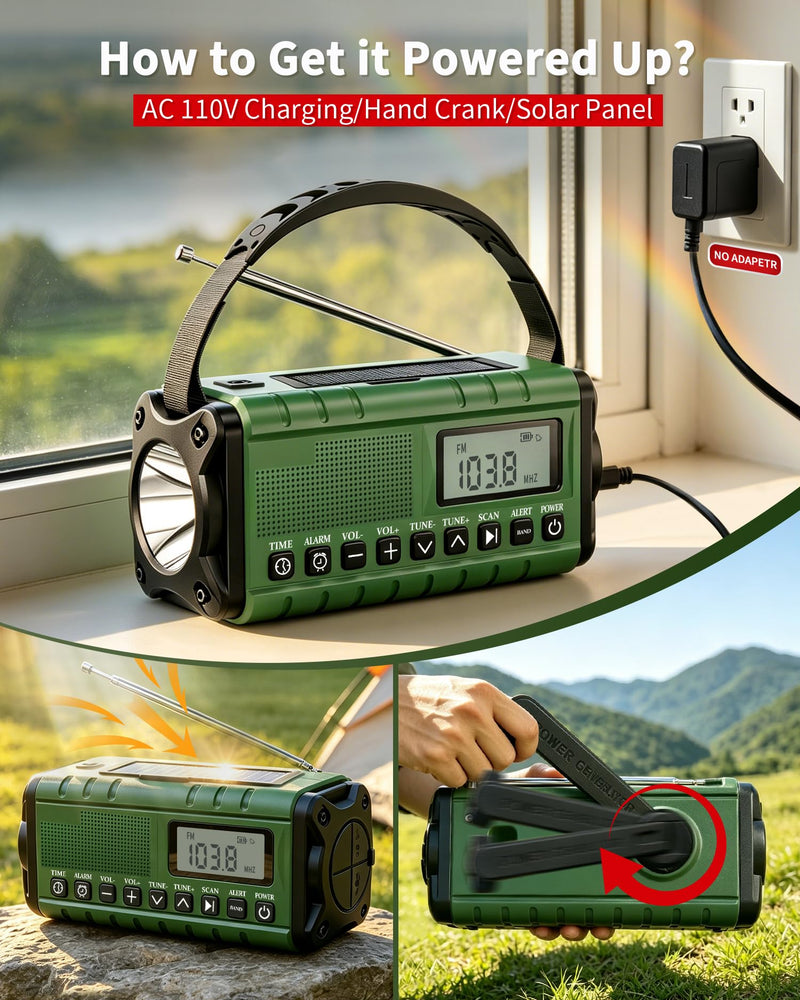 Hand Crank Radio Portable Am Fm-10000mAh/37000mWh NOAA Weather Radio | Auto Scan Emergency Radio with Flashlight,Rechargeable Battery,Solar Panel&SOS Alarm for Indoor/Outdoor Emergency Supplies Army Green