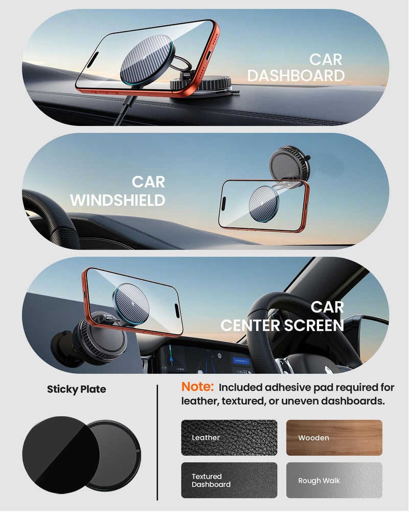 15W MagSafe Car Mount Charger, Vacuum Magnetic Phone Holders for Your Car | [89+LBS Strong Suction, 2800gf Strong Magnetic] Wireless Car Charger, Car Phone Holder for iPhone 17-12, Samsung, Gifts Carbon Fiber