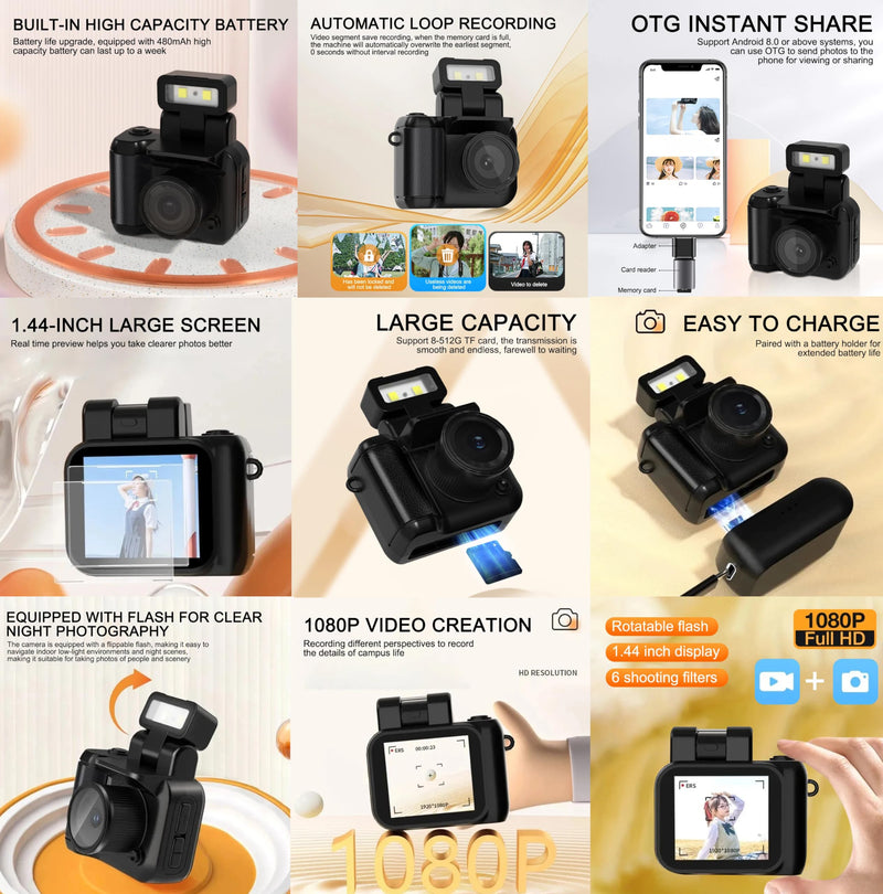 Mini Shot V340 | Mini Digital Camera | LCD Screen | 128GB SD Card | HD 1080P | Storage Case | Retro Small Pocket Cam | Rechargeable | Thumb Keychain Camera | Camcorder | Kids Adults | Gift