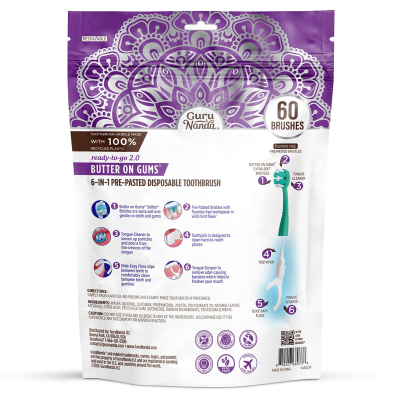 GuruNanda Mini Disposable Toothbrushes with Toothpaste, Tongue Scraper, Floss & Toothpick - 6-in-1 Ready-to-Go Prepasted Travel Toothbrush - Fluoride Free, No Rinsing, Individually Wrapped, 60 Ct 60 Count (Pack of 1)