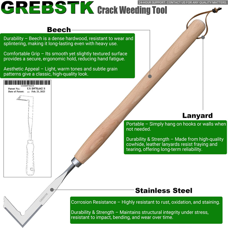 GREBSTK Crack Weeder Crevice Weeding Tool Stainless Steel Manual Weeder Beech Handle Gardening Tool, 22 inch 22.4" Crack Weeder