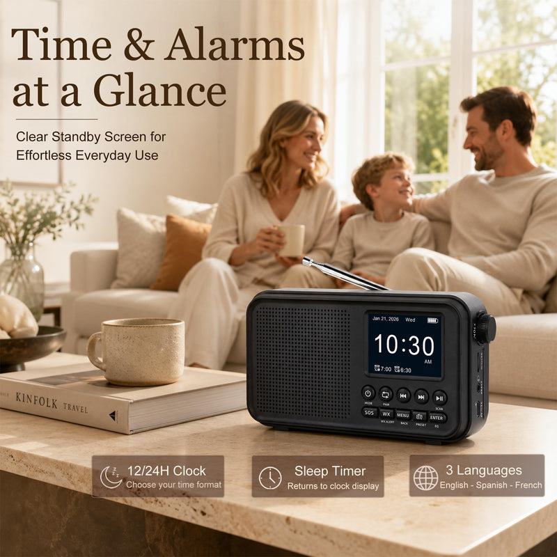 FM Radio with Bluetooth, NOAA Weather Band, 2.4" Color Screen, Rechargeable Portable Radio, Dual Alarms, microSD Playback, USB-C Charging, Headphone Jack for Home, Bedroom, Office & Travel Black