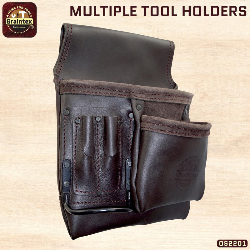 Graintex OS2201 5 Pocket Right Handed Oil Tanned Leather Nail & Tool Pouch Dark Brown Color for Constructor/Electrician/Plumber