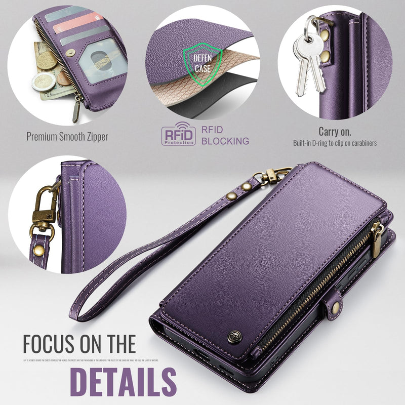 Defencase for Samsung Galaxy A57 5G Wallet Case with Card Holder, Purple | RFID Blocking, Zipper Pocket, Durable PU Leather, Wrist Strap, Fashion Snap Flip Phone Cases Cover with Stand for Women Men