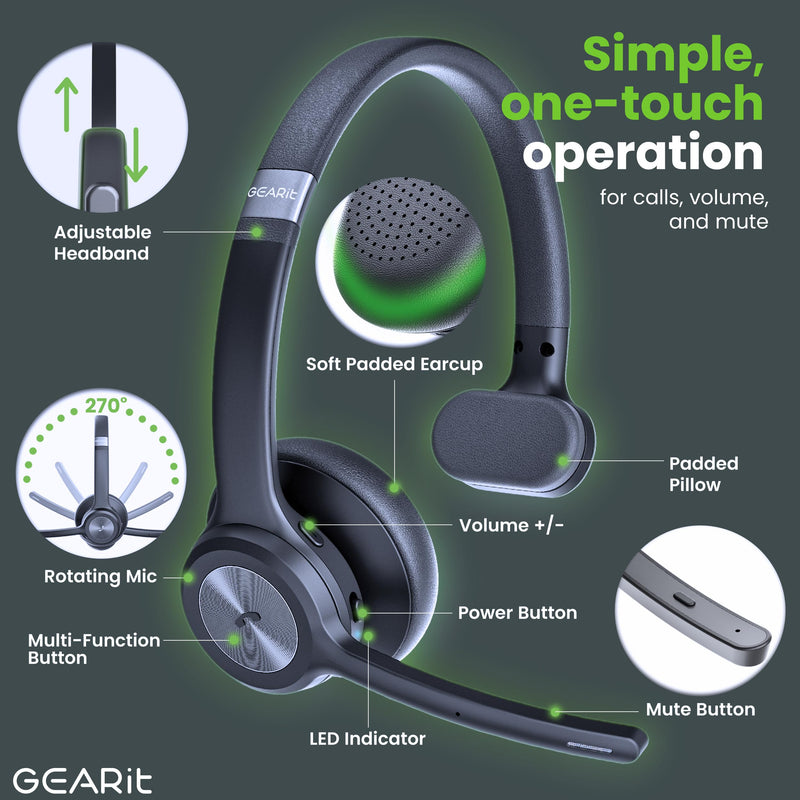 GEARit Wireless Bluetooth Headset with Mic - 35 Hrs Talk Time - for Trucker, w/Noise Cancelling Microphone & Mute Button - Easy to Set Up Wireless for Work, Phone Calls, Homes, Offices MONO Headset w/ 35 Hrs Talk Time Black