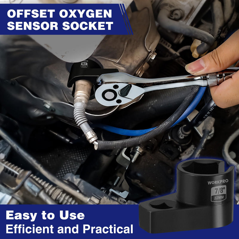 WORKPRO O2 Oxygen Sensor Socket 3/8” Drive x 7/8” 22mm, Offset Oxygen Sensor Removal Tool Wrench, 6-Point O2 Sensor Tool with Wire Gate