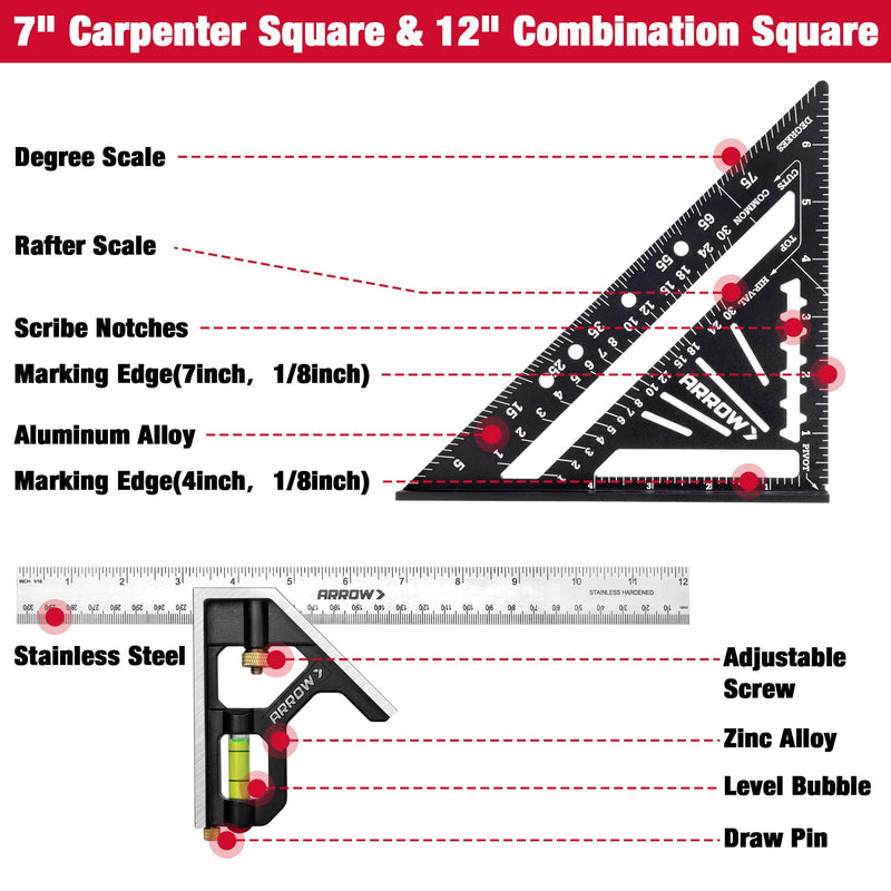 Arrow 7-Inch Aluminum Alloy Carpenter Square and 12-Inch Zinc Alloy Combination Square Set, Woodworking Rafter Layout Ruler Tool Combo