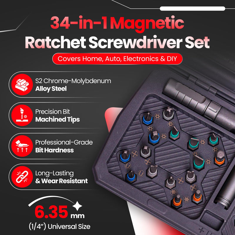 34 in 1 Magnetic Screwdriver Set, Magnetic Ratchet Screwdriver Set with Multi-Bit Ratcheting Handle & Bit Magnetizer, Compact Repair Tool Kit with Storage Case for Furniture, Computer, Bicycle and DIY