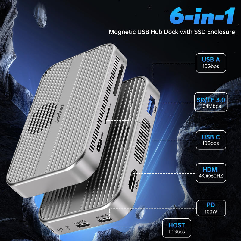 10gbps Magnetic Docking Station, USB C Hub with NVMe M.2 SSD Enclosure for iPhone 17/16/15 Pro/Pro Max/Plus with Cooling Fan, Support SSD Size 2230/2242/2260/2280 B+M M-Key JK-MAG-CASE