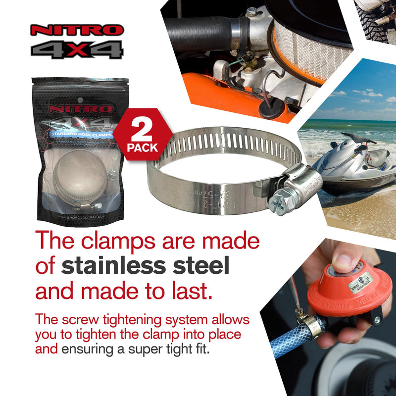 NITRO4X4 Stainless Steel Hose Clamps Set - 2 Adjustable Hose Clamp (1-1/4 to 2-1/4 Inch, 32-57mm) - Heavy Duty Radiator Hose Clamps for Fuel Line, Plumbing, Automotive, and Mechanical Applications