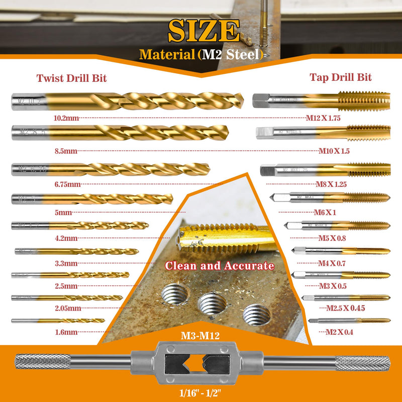18Pcs Metric Drill and Tap Set with 1Pc Tap Wrench, M2 HSS Thread Tap Set from M2 to M12, Combination of Drill and Tap Set for Metal,with Exquisite Indexed Box 18