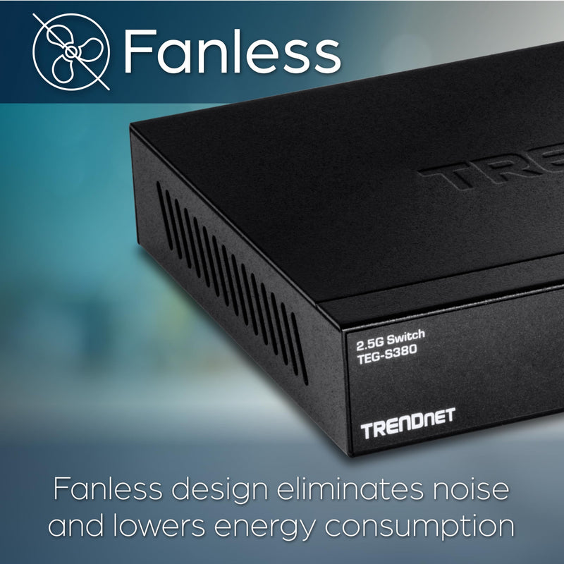 TRENDnet 8-Port 2.5Gb Multi-Gigabit Unmanaged Gaming Switch, TEG-S380, 8 x 2.5GBASE-T Ports, 25Gbps Switching Capacity, Ethernet Splitter, NDAA & TAA Compliant, Fanless, Lifetime Protection, Black 8 Port 2.5 Gigabit
