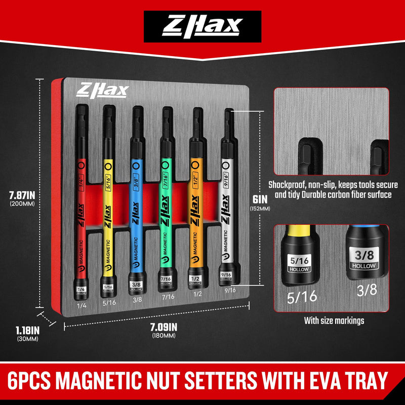 ZHAX 6-Piece Magnetic Hollow Impact Nut Drivers Set, 6-Inch Extra Long SAE 1/4" - 9/16", 1/4 Inch Hex Drive, Color Coded Impact Nut Setters With EVA Storage Organizer 6-Piece SAE
