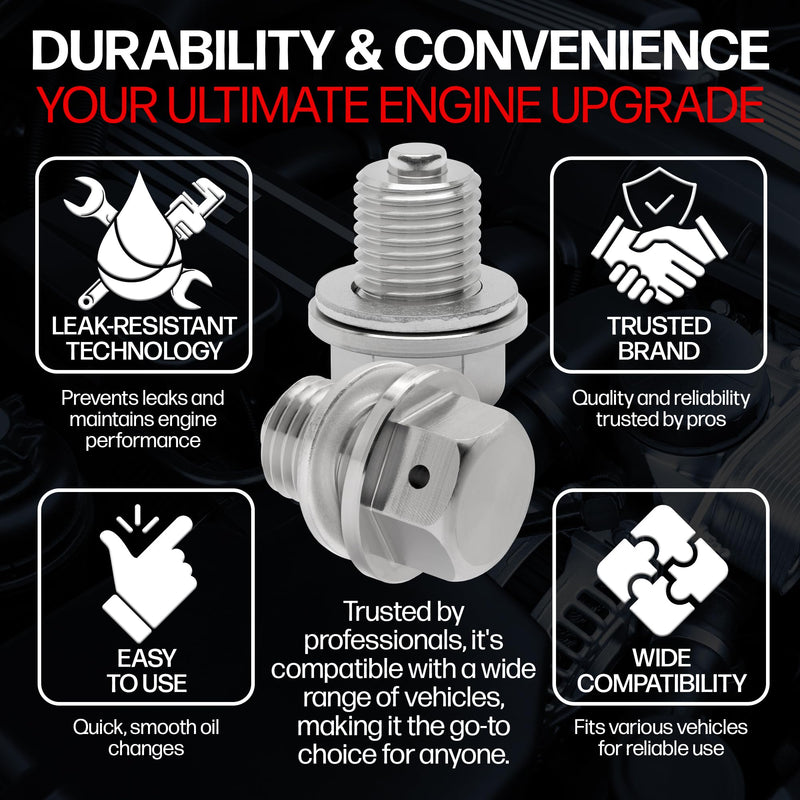 Votex - Made In USA - M14x1.5MM Magnetic Engine Oil Drain Plug w/High-Temperature Neodymium Magnet, Stainless Steel, For Acura, Audi, Chevrolet, Chrysler, Dodge, Ford, Honda, Hyundai, Jeep, Kia + More M14-1.5 Magnetic Drain Plug
