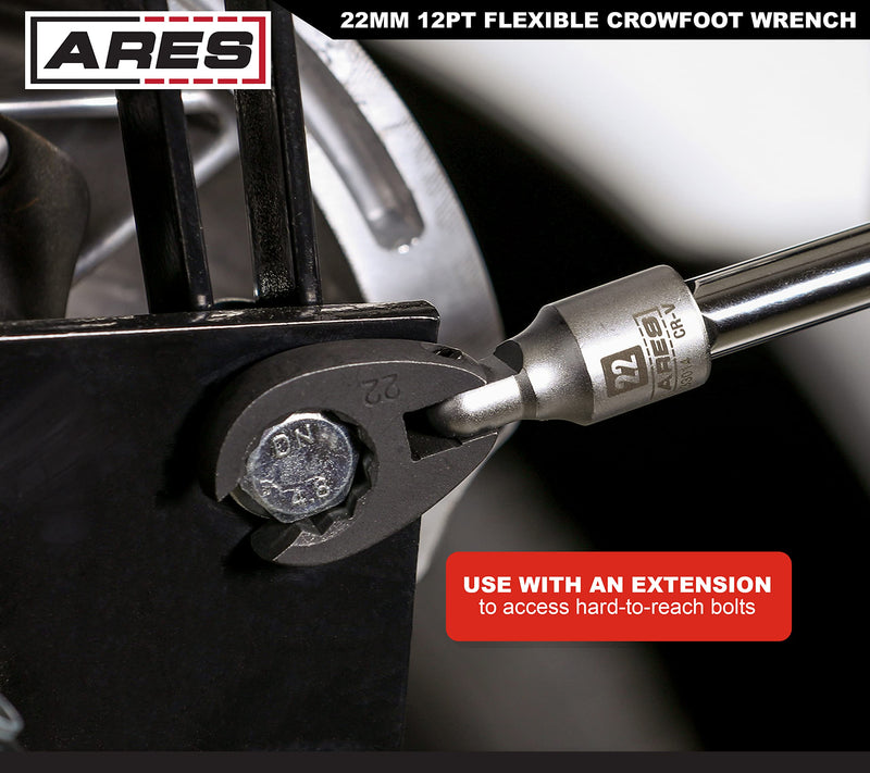 ARES 33014 – 1/2-Inch Drive Flexible Crowfoot Wrench - 22mm (7/8-inch) 12pt Crowfoot Wrench – 180 Degree Flex Head Offers 90-Degree Access for Hard-to-Reach Bolts – Services Oxygen Sensors