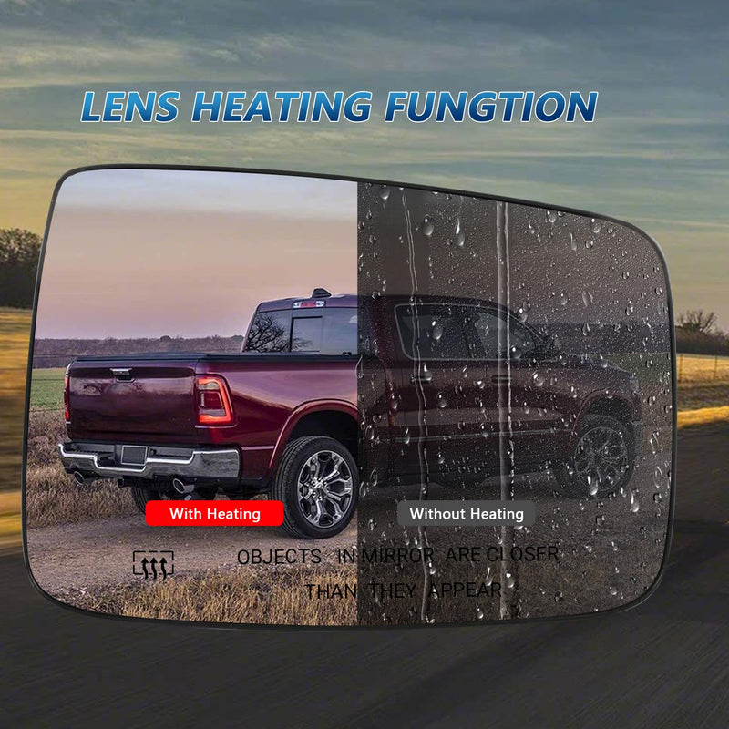 For Dodge Ram 1500/2500 Passenger Side Heated Mirror Glass | 2009-2018 Truck Mirror Replacement | Convex Design + Built-In Heater | Easy Install Passenger Side（Right）