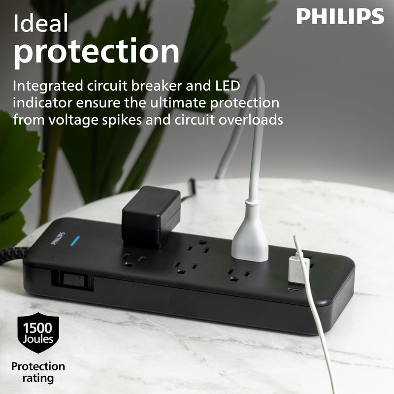 Philips 7-Outlet Surge Protector, 6 Ft Braided Extension Cord, Adapter-Spaced, 1 USB-A, 1 USB-C, 15W, 1500J, Black, SPP3703B/37