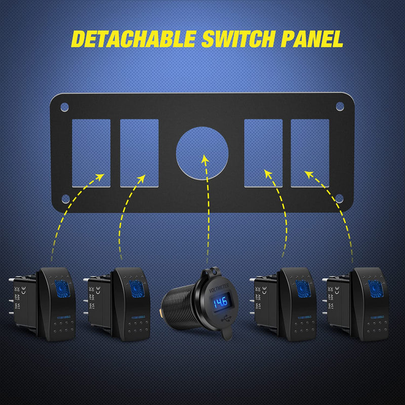 Nilight 4 Gang Rocker Switch Panel with USB Charger Voltmeter Waterproof 12V-24V DC Rocker Switch with QC3.0 Dual USB Charger and Night Glow Stickers for Cars Trucks Boats RV Dual USB Blue