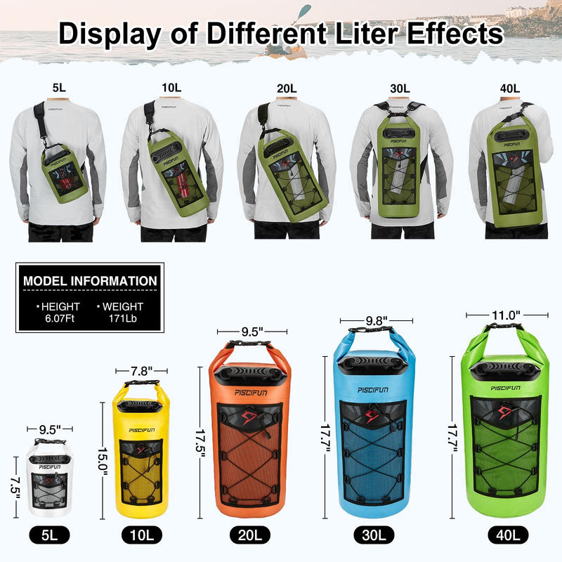 Piscifun Dry Bag, Waterproof Floating Backpack 10L/20L/30L/40L with Waterproof Phone Case for Boating, Kayaking, Fishing Army Green