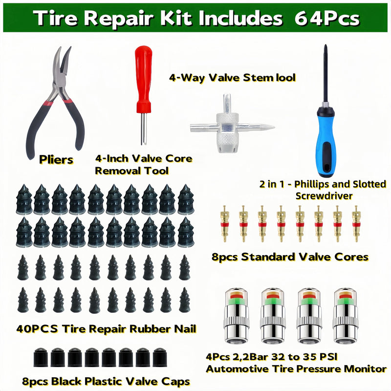 Tire Plug Kit 64 Pcs Tire Repair Rubber Nails Kit with 2 Sizes,Tire Caps with Pressure Gauge,Flat Tire Repair Kit for Car,Motorcycle,Truck,ATV,Tire Puncture Repair