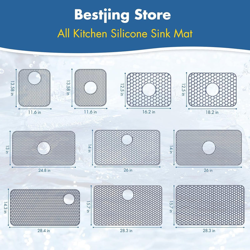 Bestjing Silicone Sink Protectors for Kitchen Sink with Rear Drain - 26"x 14" Kitchen Protector Accessory, Non-Slip Heat Resistant Grid Mat for Bottom of Farmhous Peorcelain Stainless Steel(Rear Hole) 26" x 14" Rear Drain Gray(1 Pack)