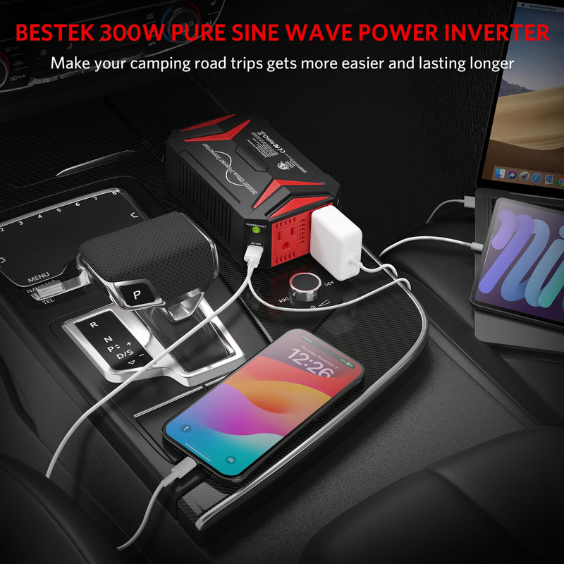 BESTEK 300W Pure Sine Wave Power Inverter - DC 12V to 110V AC Car Converter Plug Adapter Outlet with PD30W USB-C Fast Charger - Vehicle Cigarette Lighter Adapter for Laptop
