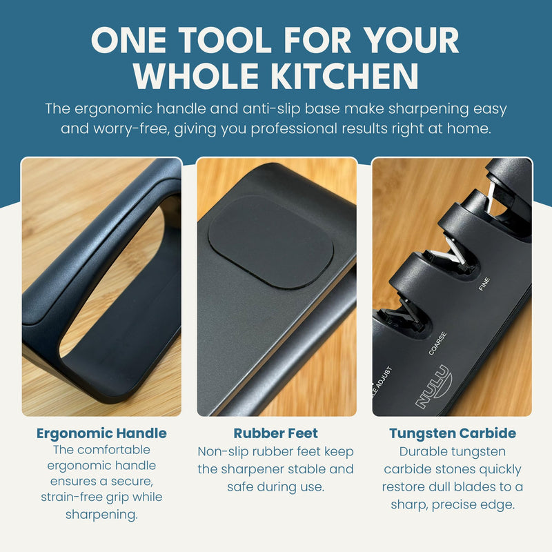 NULU Adjustable Knife Sharpener - Manual Knife Sharpener with Angle Control for Nulu & Traditional Knives, Ergonomic Design, Triple Sharpening System for Professional Results