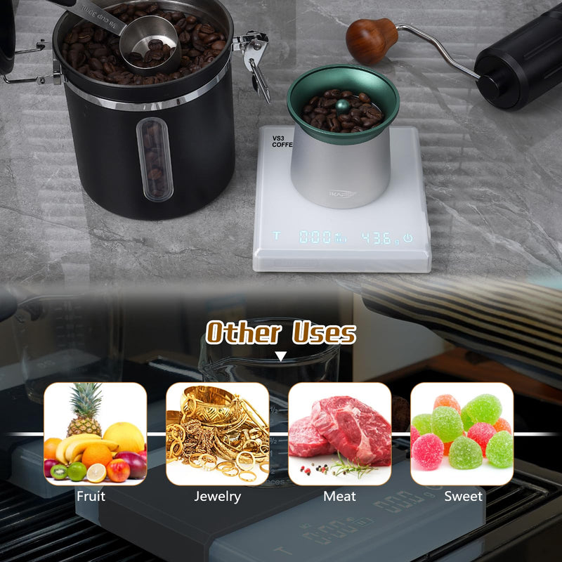 IKAPE Digital Coffee Scale with Timer, 2kg/0.1g High Precision Rechargeable Drip Espresso Scale with Tare Function, LED Display(White) White