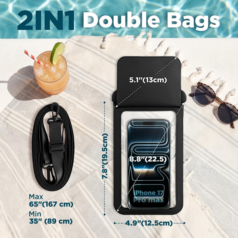 CACOE Waterproof Phone Pouch 2 Pack Up to 8.8", Double Bag, Black+Green | IPX8 Waterproof Phone Case,Adjustable Lanyard,Dry Bags for Beach/Cruise/Travel/Camping/Kayak/Hiking/Lake/Vacation Essentials
