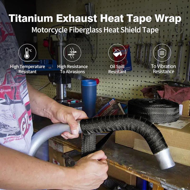 Exhaust Heat Wrap,2”x 16 Ft, Motorcycle Fiberglass Heat Shield Tape With Stainless Ties, Black Black 2''x16'